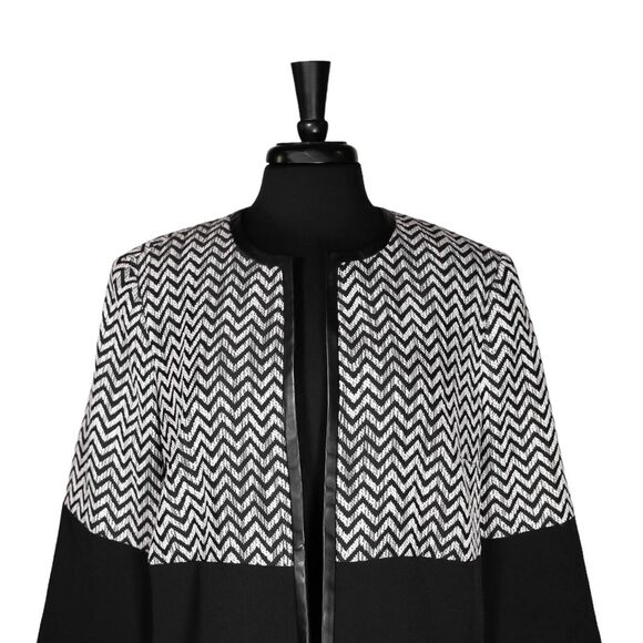 Kasper Womens Jacket Black White Geometric Faux Leather Open Front Lined Size 16 - Picture 5 of 8